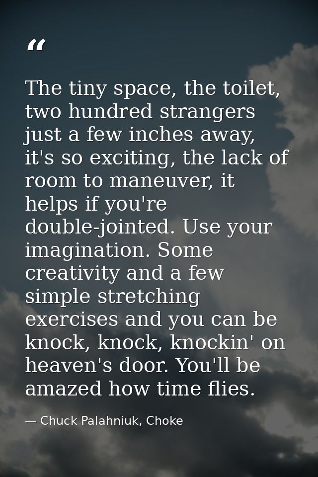 The tiny space, the toilet, two hundred strangers just a few inches away, it's so exciting, the lack of room to maneuver — Chuck Palahniuk, Choke