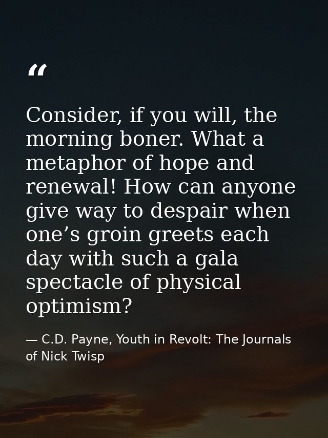 Consider, if you will, the morning boner. What a metaphor of hope and renewal! How can anyone give way to despair when o — C.D. Payne, Youth in Revolt: The Journals of Nick Twisp