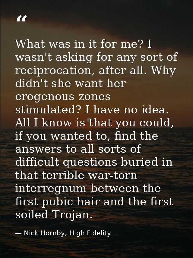 What was in it for me? I wasn't asking for any sort of reciprocation, after all. Why didn't she want her erogenous zones — Nick Hornby, High Fidelity