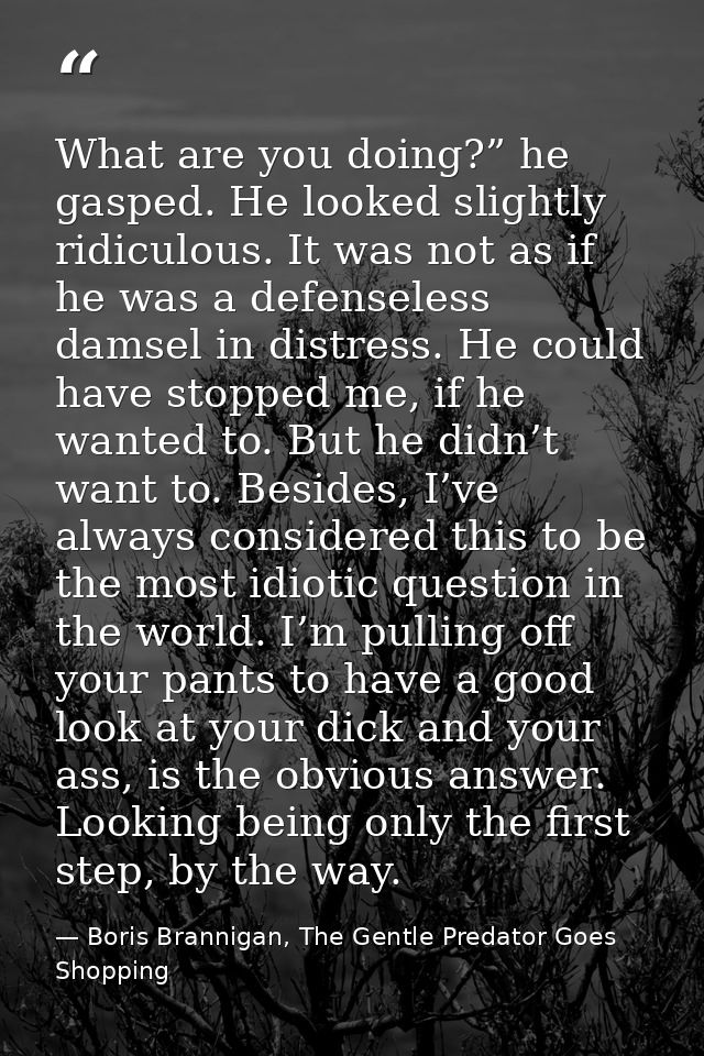 What are you doing?” he gasped. He looked slightly ridiculous. It was not as if he was a defenseless damsel in distress. — Boris Brannigan, The Gentle Predator Goes Shopping