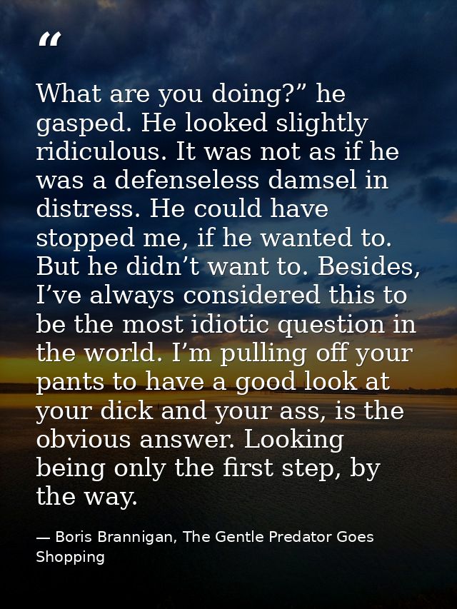 What are you doing?” he gasped. He looked slightly ridiculous. It was not as if he was a defenseless damsel in distress. — Boris Brannigan, The Gentle Predator Goes Shopping