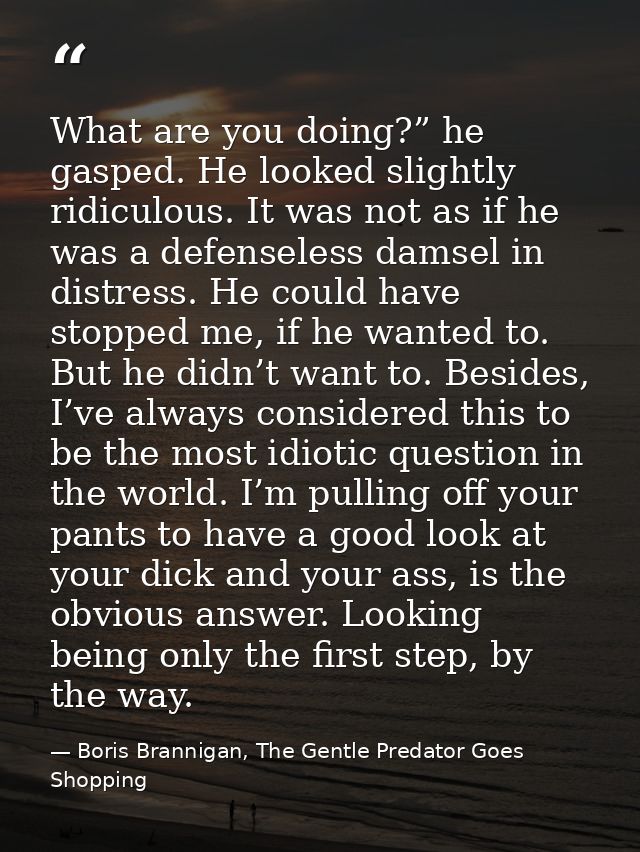 What are you doing?” he gasped. He looked slightly ridiculous. It was not as if he was a defenseless damsel in distress. — Boris Brannigan, The Gentle Predator Goes Shopping
