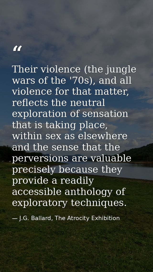 Their violence (the jungle wars of the '70s), and all violence for that matter, reflects the neutral exploration of sens — J.G. Ballard, The Atrocity Exhibition