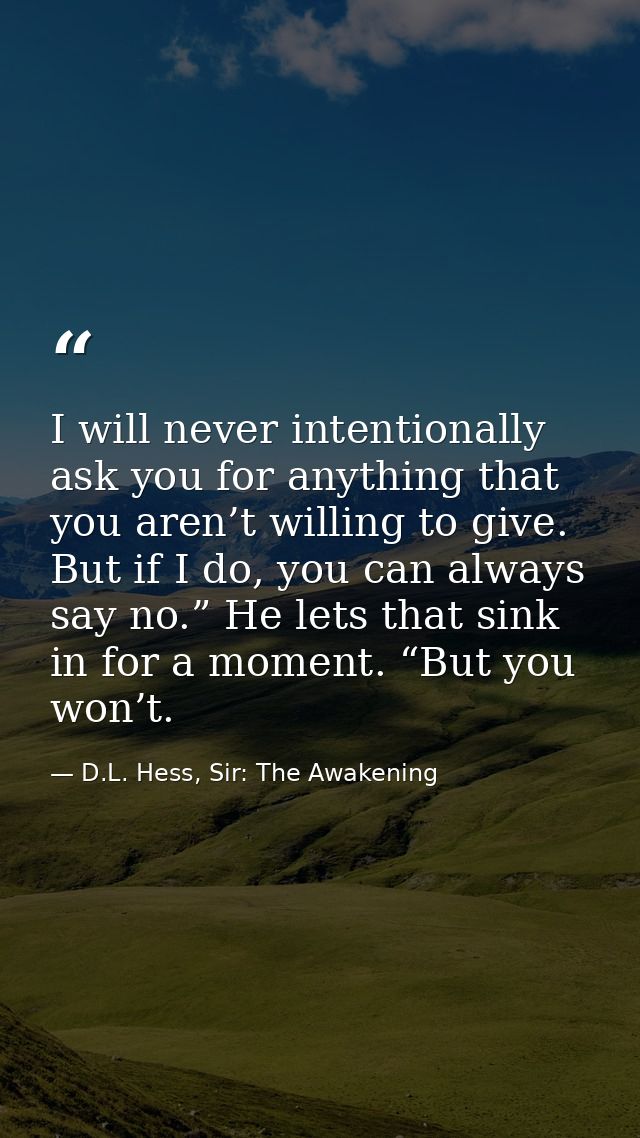 I will never intentionally ask you for anything that you aren’t willing to give. But if I do, you can always say no.” He — D.L. Hess, Sir: The Awakening