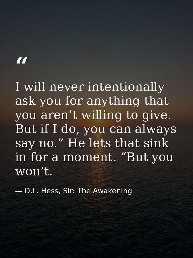 I will never intentionally ask you for anything that you aren’t willing to give. But if I do, you can always say no.” He — D.L. Hess, Sir: The Awakening