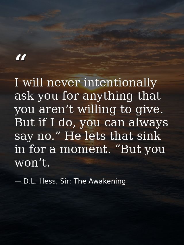 I will never intentionally ask you for anything that you aren’t willing to give. But if I do, you can always say no.” He — D.L. Hess, Sir: The Awakening