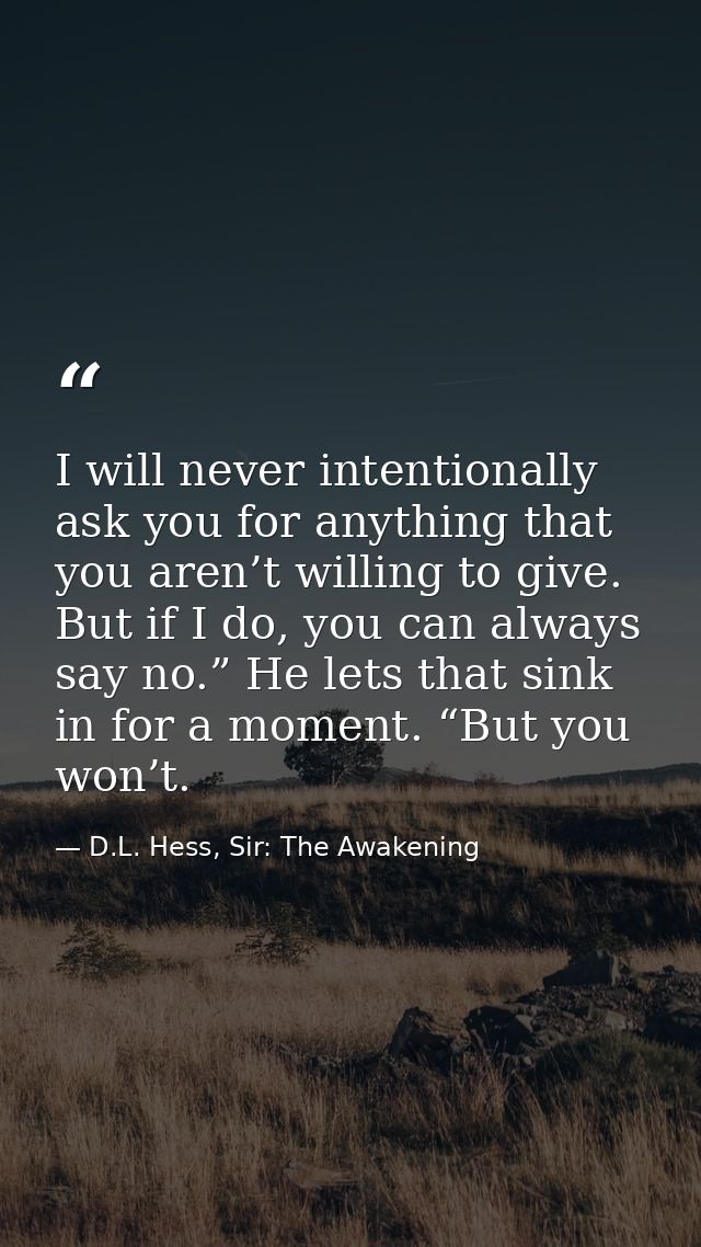 I will never intentionally ask you for anything that you aren’t willing to give. But if I do, you can always say no.” He — D.L. Hess, Sir: The Awakening