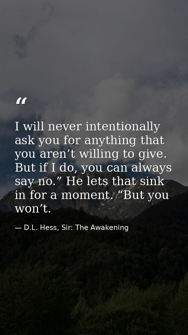 I will never intentionally ask you for anything that you aren’t willing to give. But if I do, you can always say no.” He — D.L. Hess, Sir: The Awakening