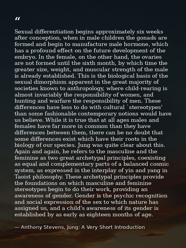Sexual differentiation begins approximately six weeks after conception, when in male children the gonads are formed and  — Anthony Stevens, Jung: A Very Short Introduction