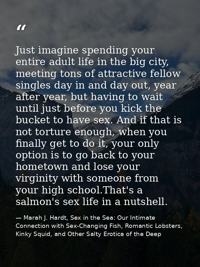 Just imagine spending your entire adult life in the big city, meeting tons of attractive fellow singles day in and day o — Marah J. Hardt, Sex in the Sea: Our Intimate Connection with Sex-Changing Fish, Romantic Lobsters, Kinky Squid, and Other Salty Erotica of the Deep