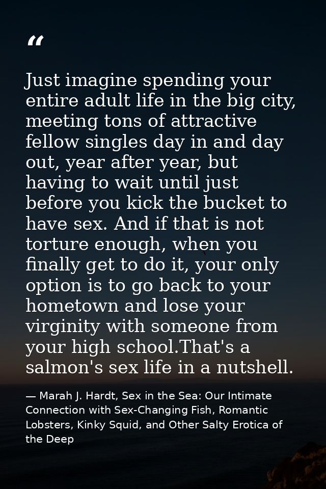 Just imagine spending your entire adult life in the big city, meeting tons of attractive fellow singles day in and day o — Marah J. Hardt, Sex in the Sea: Our Intimate Connection with Sex-Changing Fish, Romantic Lobsters, Kinky Squid, and Other Salty Erotica of the Deep