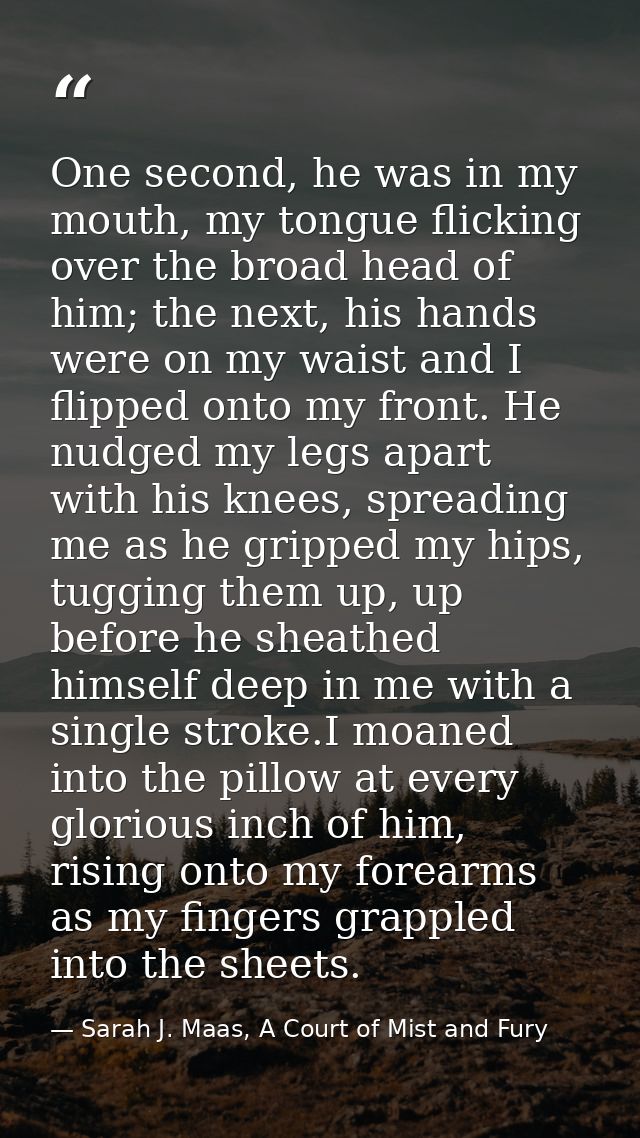 One second, he was in my mouth, my tongue flicking over the broad head of him; the next, his hands were on my waist and  — Sarah J. Maas, A Court of Mist and Fury