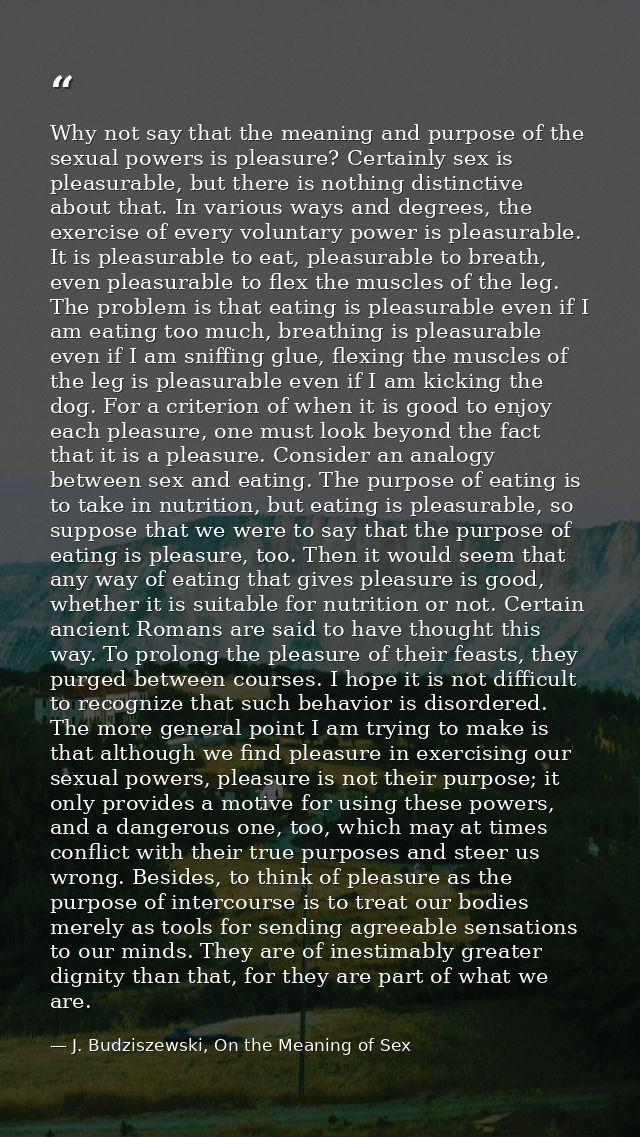 Why not say that the meaning and purpose of the sexual powers is pleasure? Certainly sex is pleasurable, but there is no — J. Budziszewski, On the Meaning of Sex