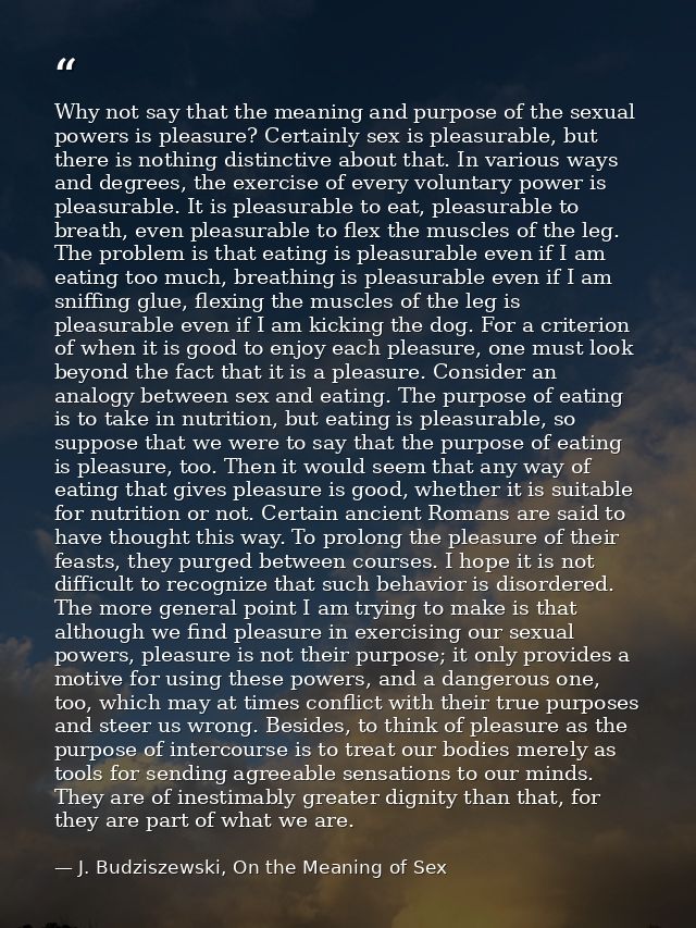 Why not say that the meaning and purpose of the sexual powers is pleasure? Certainly sex is pleasurable, but there is no — J. Budziszewski, On the Meaning of Sex
