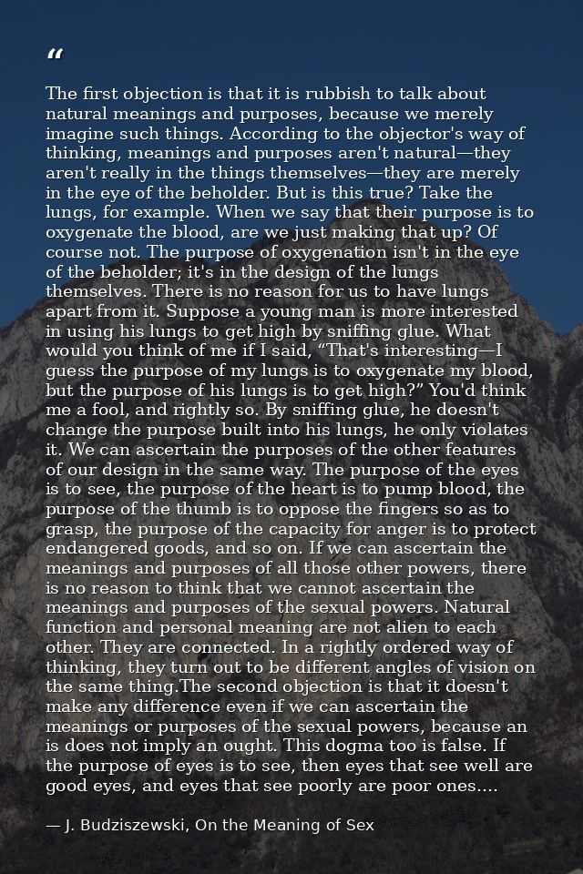 The first objection is that it is rubbish to talk about natural meanings and purposes, because we merely imagine such th — J. Budziszewski, On the Meaning of Sex