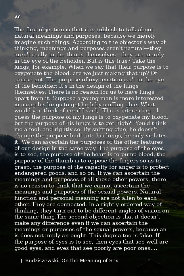 The first objection is that it is rubbish to talk about natural meanings and purposes, because we merely imagine such th — J. Budziszewski, On the Meaning of Sex