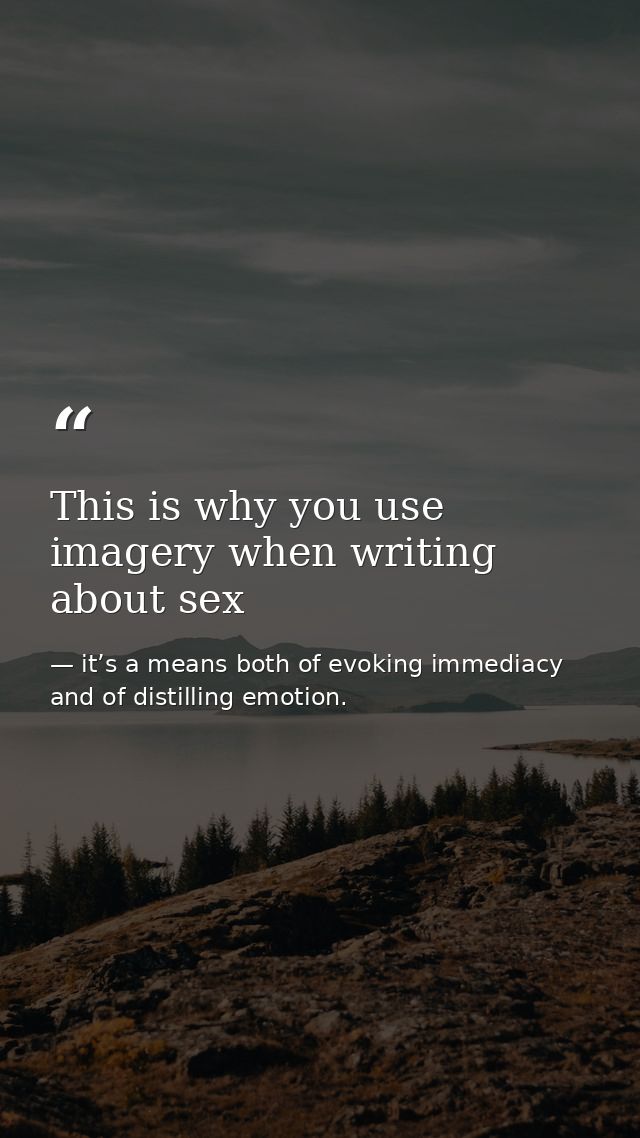 This is why you use imagery when writing about sex — it’s a means both of evoking immediacy and of distilling emotion.