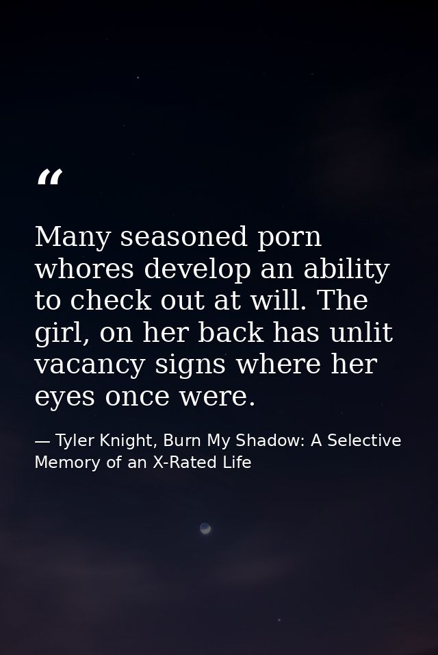 Many seasoned porn whores develop an ability to check out at will. The girl, on her back has unlit vacancy signs where h — Tyler Knight, Burn My Shadow: A Selective Memory of an X-Rated Life