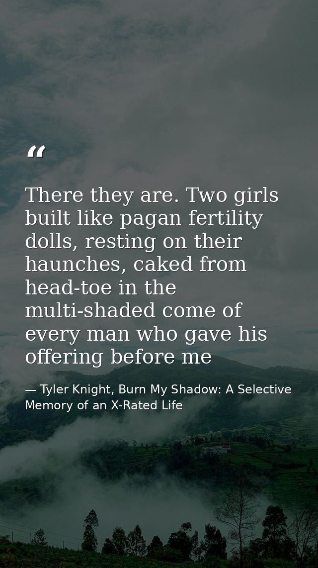 There they are. Two girls built like pagan fertility dolls, resting on their haunches, caked from head-toe in the multi- — Tyler Knight, Burn My Shadow: A Selective Memory of an X-Rated Life