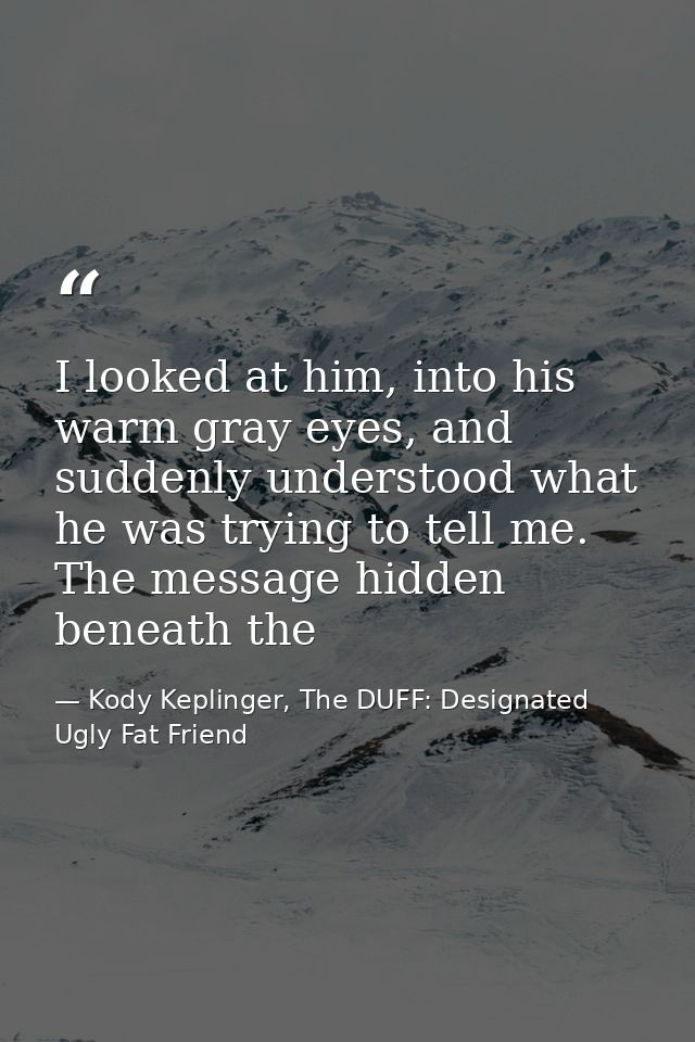 I looked at him, into his warm gray eyes, and suddenly understood what he was trying to tell me. The message hidden bene — Kody Keplinger, The DUFF: Designated Ugly Fat Friend