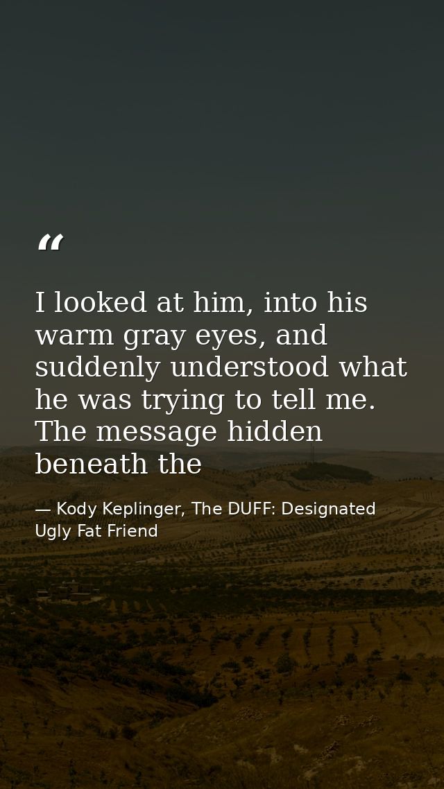 I looked at him, into his warm gray eyes, and suddenly understood what he was trying to tell me. The message hidden bene — Kody Keplinger, The DUFF: Designated Ugly Fat Friend
