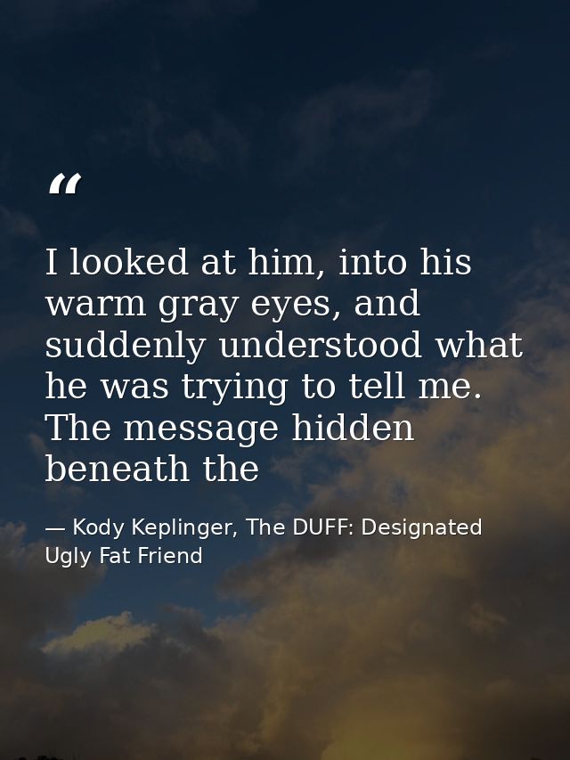 I looked at him, into his warm gray eyes, and suddenly understood what he was trying to tell me. The message hidden bene — Kody Keplinger, The DUFF: Designated Ugly Fat Friend