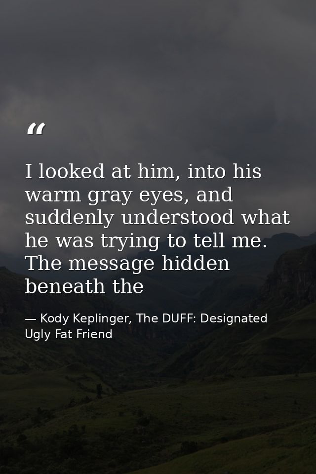I looked at him, into his warm gray eyes, and suddenly understood what he was trying to tell me. The message hidden bene — Kody Keplinger, The DUFF: Designated Ugly Fat Friend