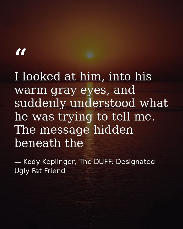 I looked at him, into his warm gray eyes, and suddenly understood what he was trying to tell me. The message hidden bene — Kody Keplinger, The DUFF: Designated Ugly Fat Friend
