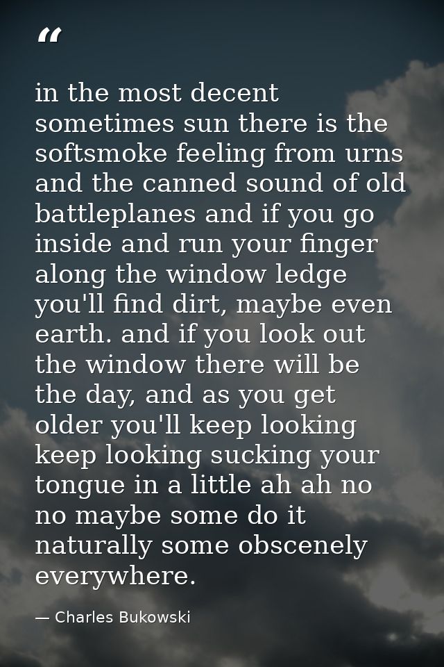 in the most decent sometimes sun there is the softsmoke feeling from urns and the canned sound of old battleplanes and i — Charles Bukowski