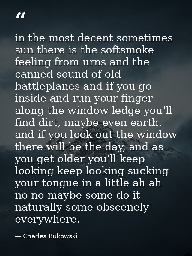 in the most decent sometimes sun there is the softsmoke feeling from urns and the canned sound of old battleplanes and i — Charles Bukowski