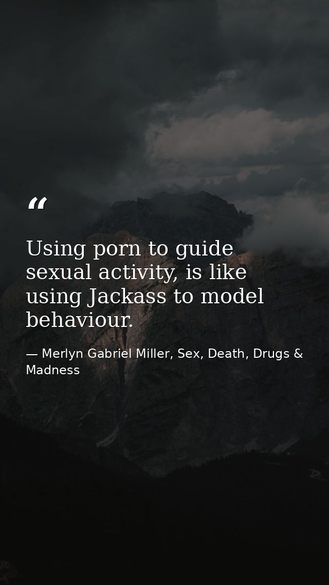 Using porn to guide sexual activity, is like using Jackass to model behaviour. — Merlyn Gabriel Miller, Sex, Death, Drugs & Madness