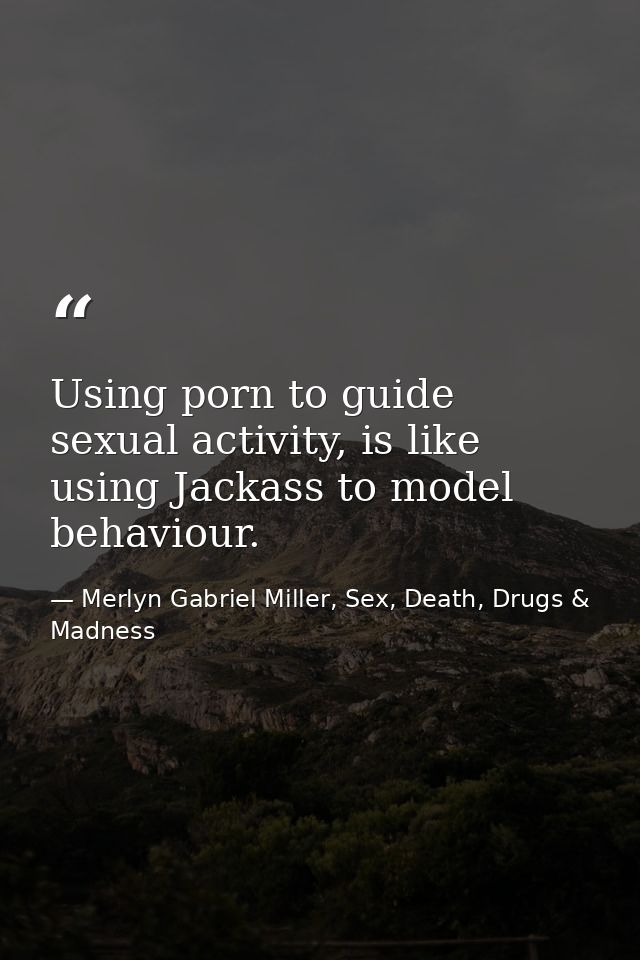 Using porn to guide sexual activity, is like using Jackass to model behaviour. — Merlyn Gabriel Miller, Sex, Death, Drugs & Madness