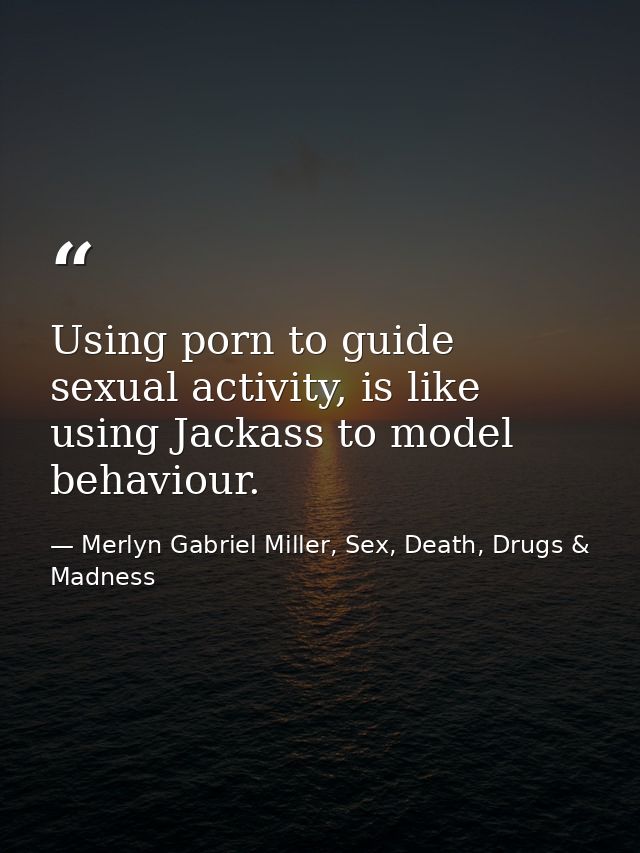 Using porn to guide sexual activity, is like using Jackass to model behaviour. — Merlyn Gabriel Miller, Sex, Death, Drugs & Madness