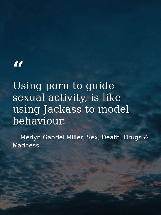 Using porn to guide sexual activity, is like using Jackass to model behaviour. — Merlyn Gabriel Miller, Sex, Death, Drugs & Madness