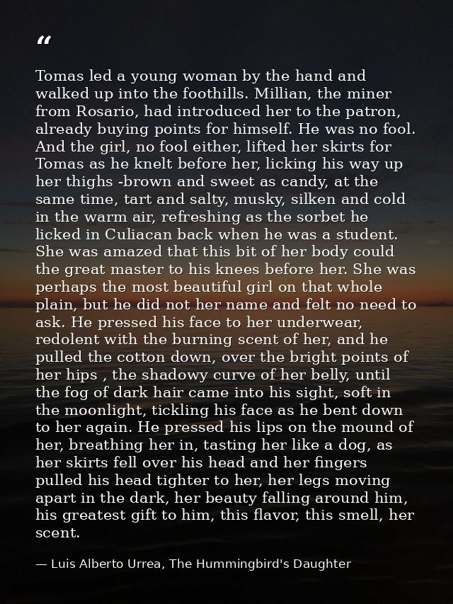 Tomas led a young woman by the hand and walked up into the foothills. Millian, the miner from Rosario, had introduced he — Luis Alberto Urrea, The Hummingbird's Daughter