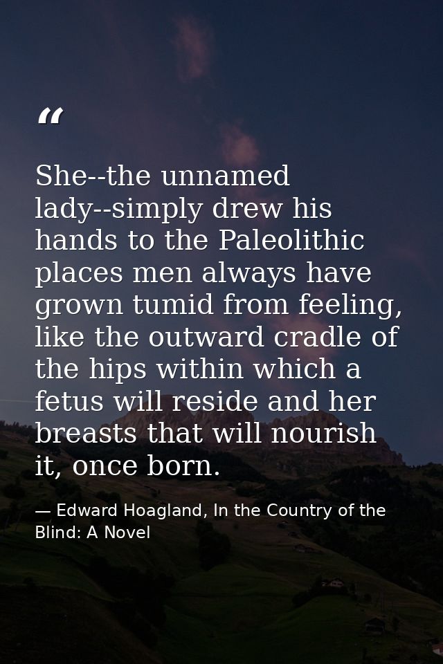 She--the unnamed lady--simply drew his hands to the Paleolithic places men always have grown tumid from feeling, like th — Edward Hoagland, In the Country of the Blind: A Novel