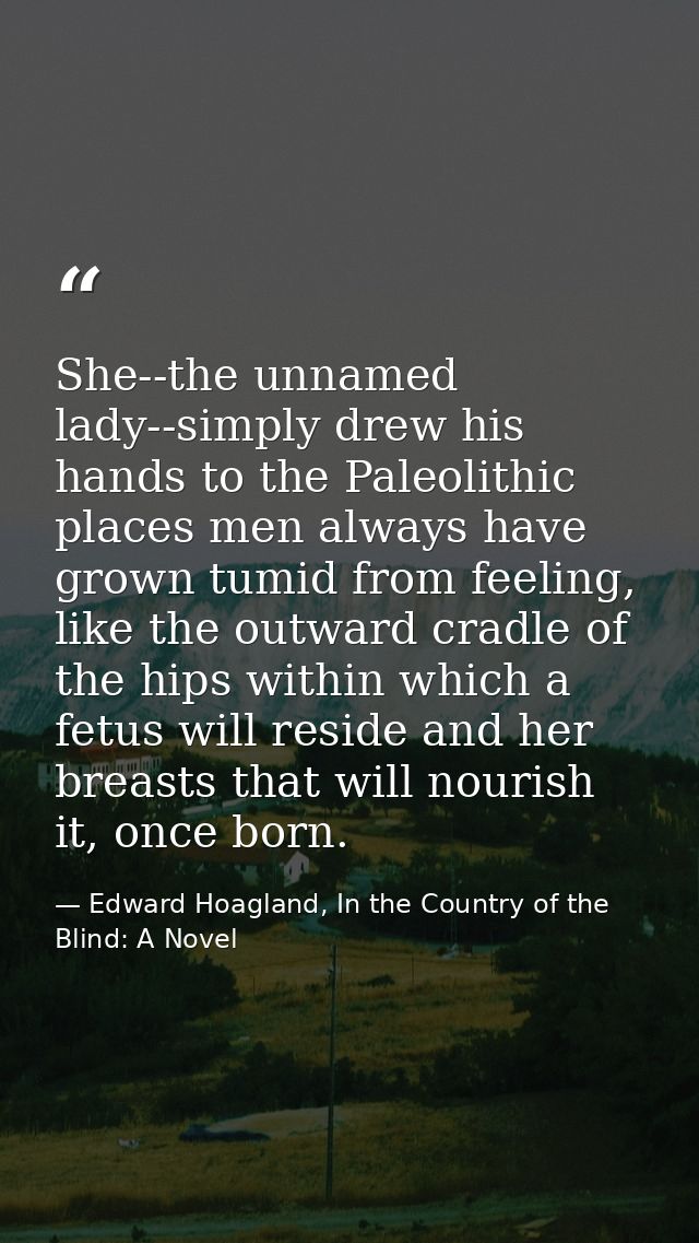 She--the unnamed lady--simply drew his hands to the Paleolithic places men always have grown tumid from feeling, like th — Edward Hoagland, In the Country of the Blind: A Novel