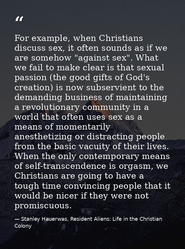 For example, when Christians discuss sex, it often sounds as if we are somehow "against sex". What we fail to make clear — Stanley Hauerwas, Resident Aliens: Life in the Christian Colony
