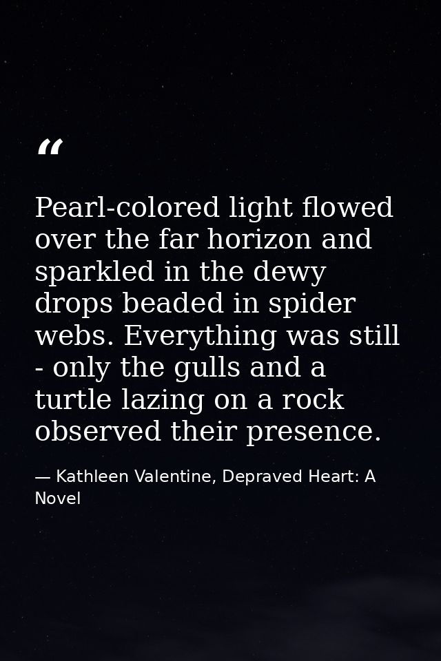 Pearl-colored light flowed over the far horizon and sparkled in the dewy drops beaded in spider webs. Everything was sti — Kathleen Valentine, Depraved Heart: A Novel