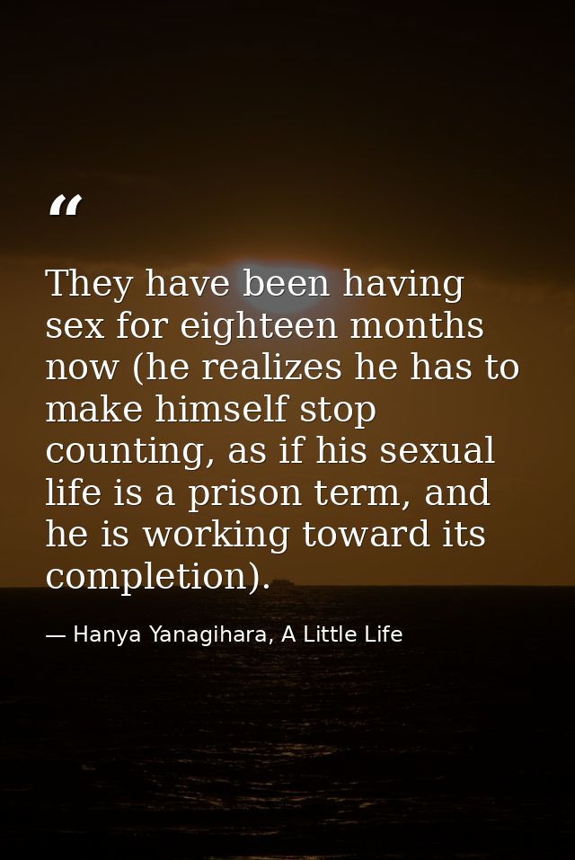 They have been having sex for eighteen months now (he realizes he has to make himself stop counting, as if his sexual li — Hanya Yanagihara, A Little Life