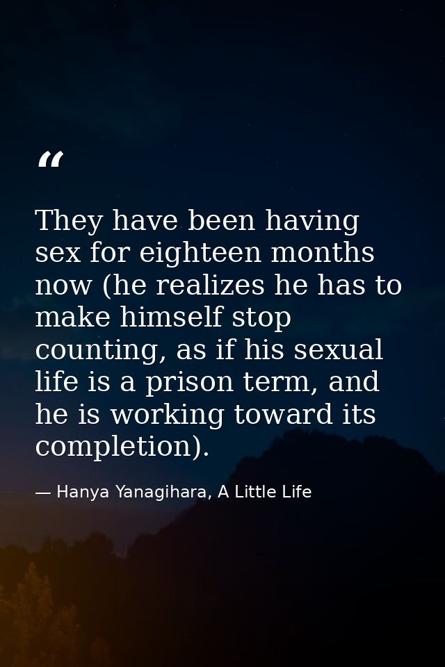 They have been having sex for eighteen months now (he realizes he has to make himself stop counting, as if his sexual li — Hanya Yanagihara, A Little Life