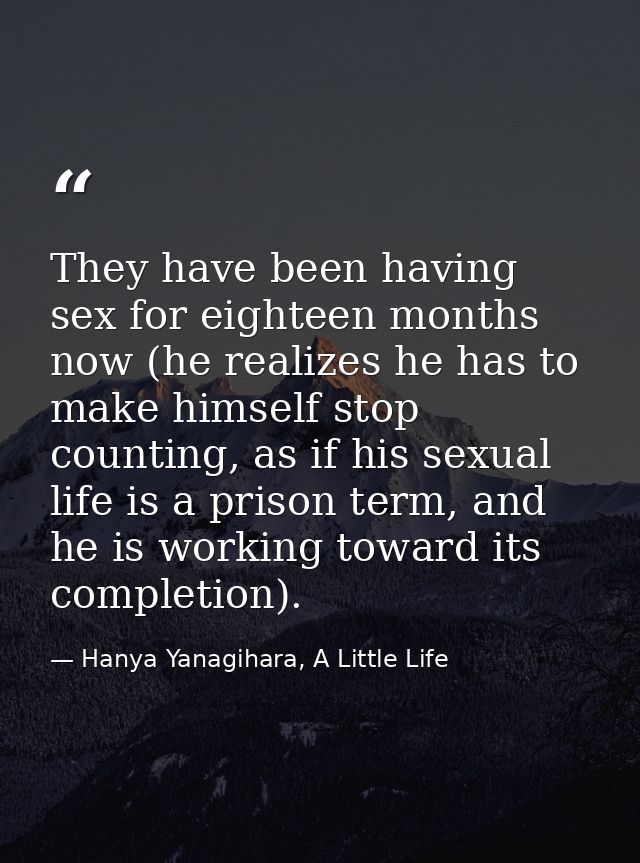 They have been having sex for eighteen months now (he realizes he has to make himself stop counting, as if his sexual li — Hanya Yanagihara, A Little Life