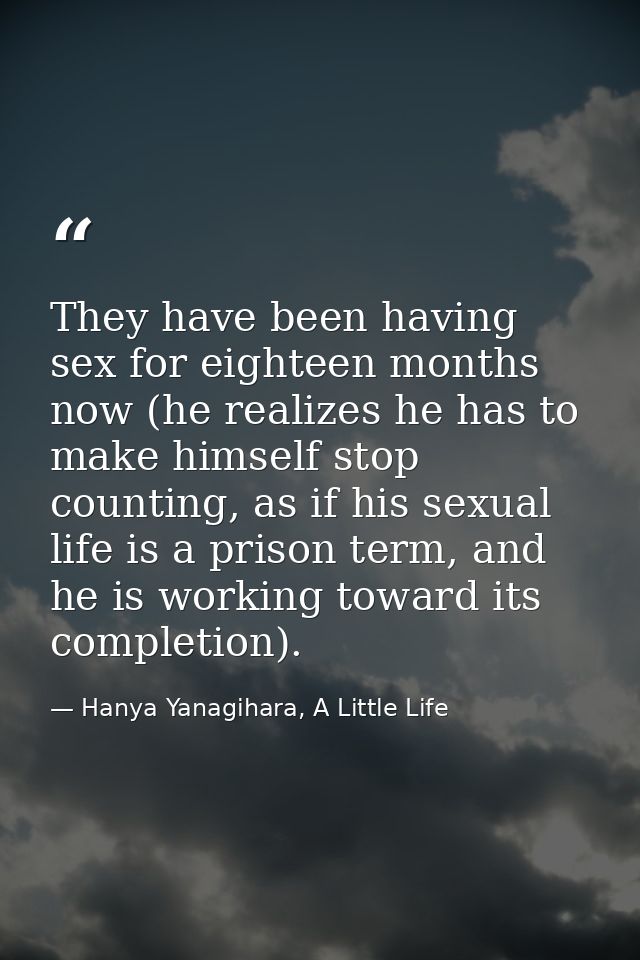 They have been having sex for eighteen months now (he realizes he has to make himself stop counting, as if his sexual li — Hanya Yanagihara, A Little Life