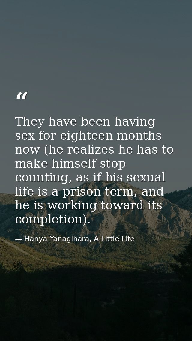 They have been having sex for eighteen months now (he realizes he has to make himself stop counting, as if his sexual li — Hanya Yanagihara, A Little Life