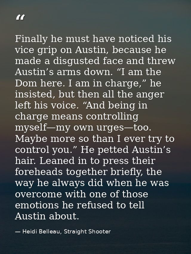 Finally he must have noticed his vice grip on Austin, because he made a disgusted face and threw Austin’s arms down. “I  — Heidi Belleau, Straight Shooter