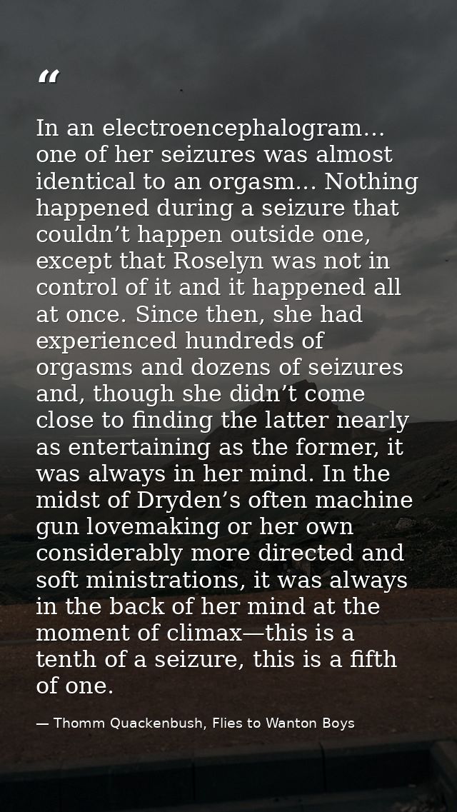In an electroencephalogram… one of her seizures was almost identical to an orgasm... Nothing happened during a seizure t — Thomm Quackenbush, Flies to Wanton Boys