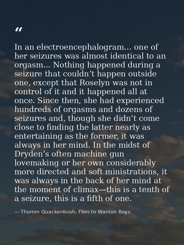 In an electroencephalogram… one of her seizures was almost identical to an orgasm... Nothing happened during a seizure t — Thomm Quackenbush, Flies to Wanton Boys