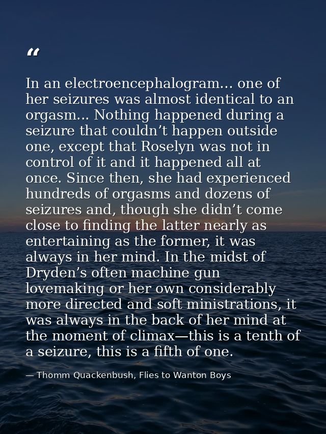 In an electroencephalogram… one of her seizures was almost identical to an orgasm... Nothing happened during a seizure t — Thomm Quackenbush, Flies to Wanton Boys