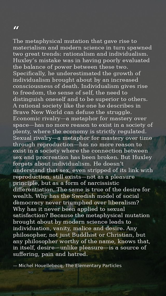 The metaphysical mutation that gave rise to materialism and modern science in turn spawned two great trends: rationalism — Michel Houellebecq, The Elementary Particles