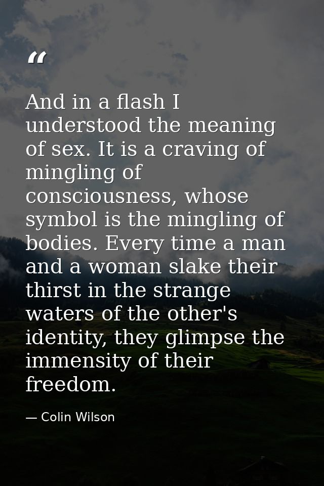 And in a flash I understood the meaning of sex. It is a craving of mingling of consciousness, whose symbol is the mingli — Colin Wilson
